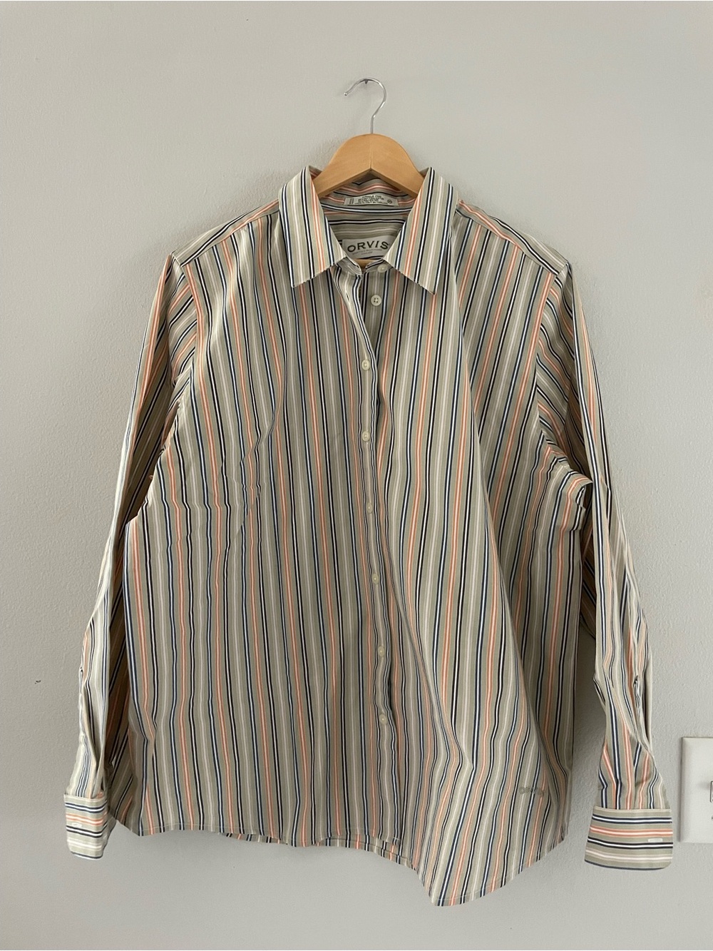 Orvis Beige Button-Down Shirt with Blue & Peach Stripes